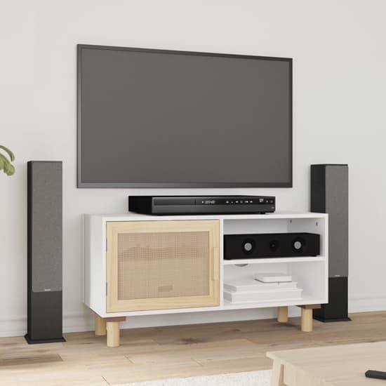Alfy Wooden TV Stand With 1 Door In White And Natural Rattan_1