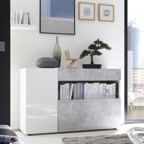 Iris Wooden Sideboard In White High Gloss And Cement Effect