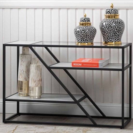 Irvine Clear Glass Console Table With Matte Black Steel Frame_1
