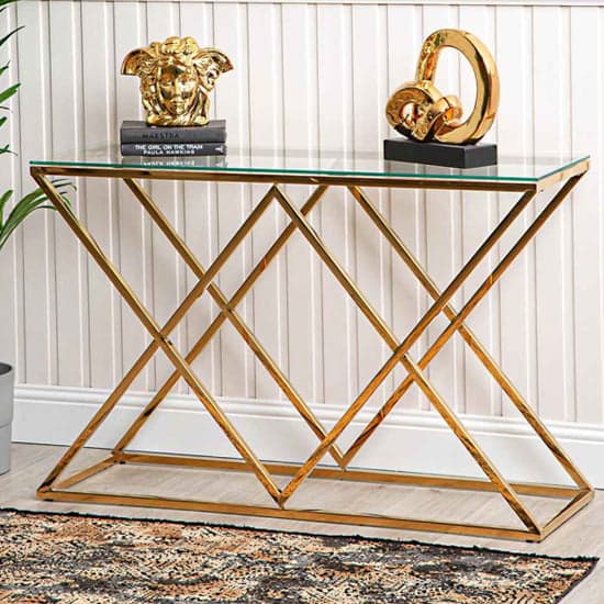 Ivins Clear Glass Console Table With Gold Stainless Steel Base_1