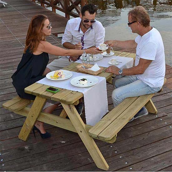 Jairo Wooden Picnic Table With 6 Seater Benches In Green Pine_3