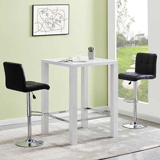 Jam Square Glass White Gloss Bar Table With 2 Coco Black Stools_1