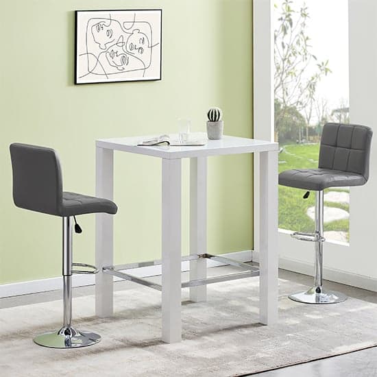 Jam Square Glass White Gloss Bar Table With 2 Coco Grey Stools_1