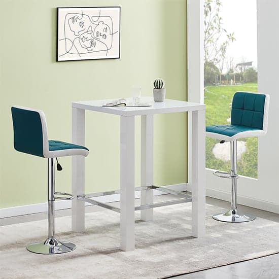 Jam Square Glass White Gloss Bar Table 2 Copez Teal Stools_1