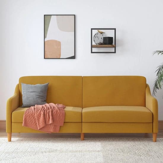 Jaspar Linen Fabric Sofa Bed With Wooden Legs In Mustard_2