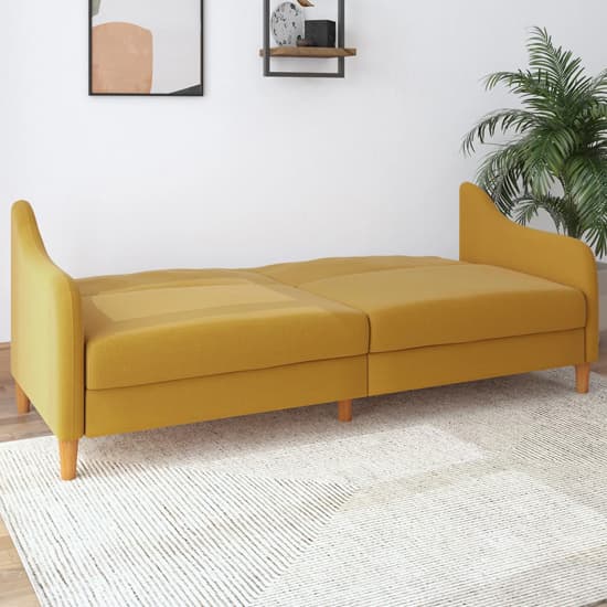 Jaspar Linen Fabric Sofa Bed With Wooden Legs In Mustard_3