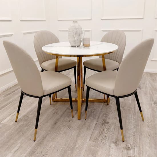 Jersey Round White Sintered Stone Dining Table With Gold Frame_4