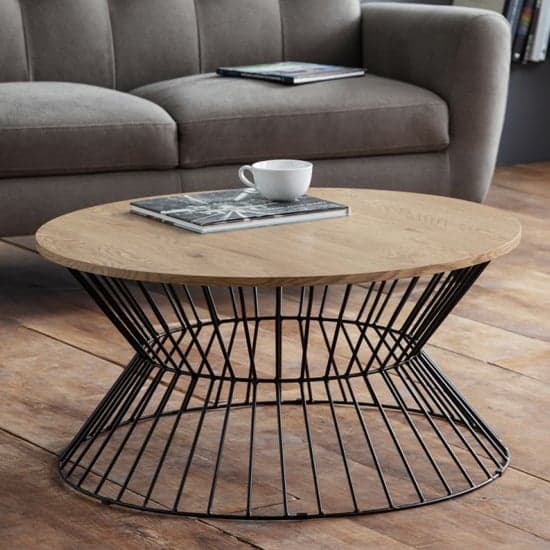 Jacarra Wooden Coffee Table In Natural Oak With Round Wire Base_1