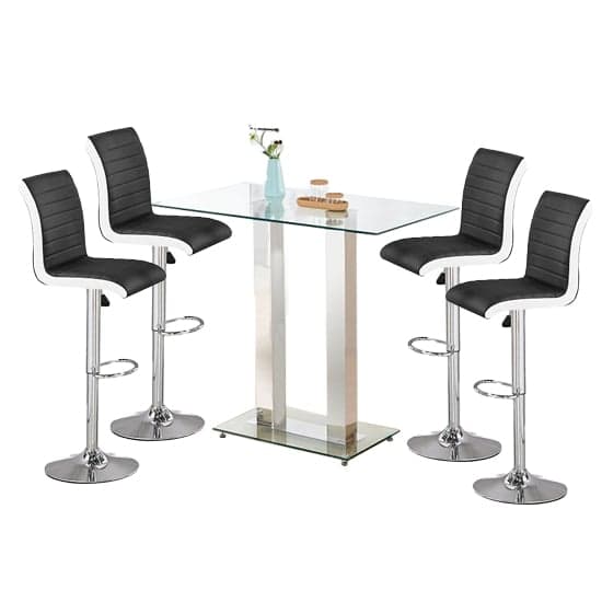 Jet Clear Glass Top Bar Table With 4 Ritz Black White Stools_1
