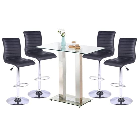 Jet Clear Glass Top Bar Table With 4 Ripple Black Stools Furniture in