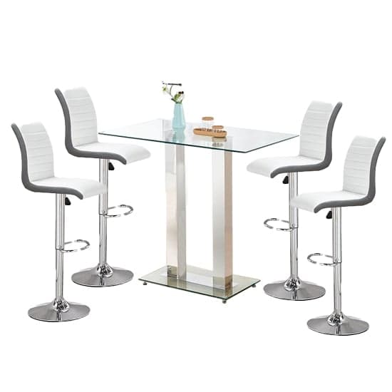 Jet Clear Glass Top Bar Table With 4 Ritz White Grey Stools_1