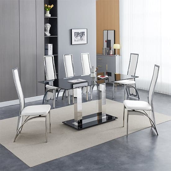 Jet Large Black Glass Dining Table With 6 Chicago White Chairs_1