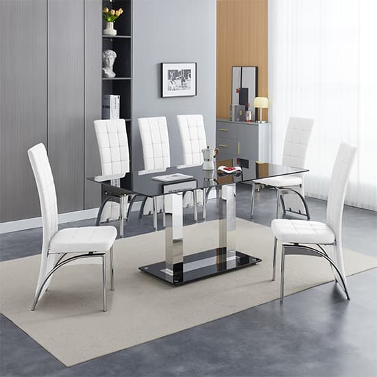 Jet Large Black Glass Dining Table With 6 Ravenna White Chairs_1