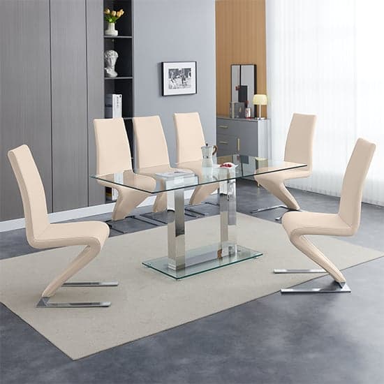 Jet Large Clear Glass Dining Table With 6 Demi Z Taupe Chairs_1