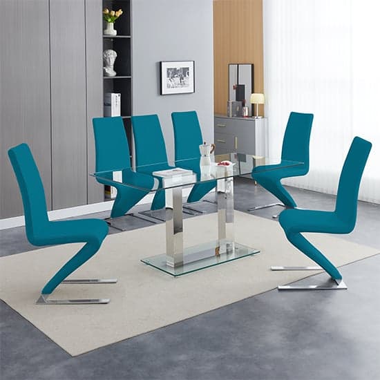 Jet Large Clear Glass Dining Table With 6 Demi Z Teal Chairs_1