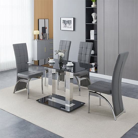 Jet Small Black Glass Dining Table With 4 Ravenna Grey Chairs_1