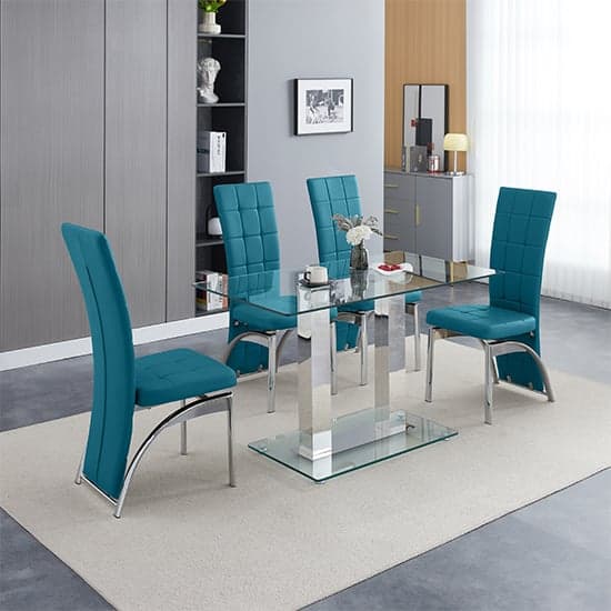 Jet Small Clear Glass Dining Table With 4 Ravenna Teal Chairs_1