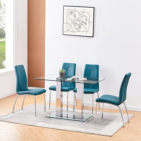 Jet Small Clear Glass Dining Table With 4 Opal Teal Chairs_1