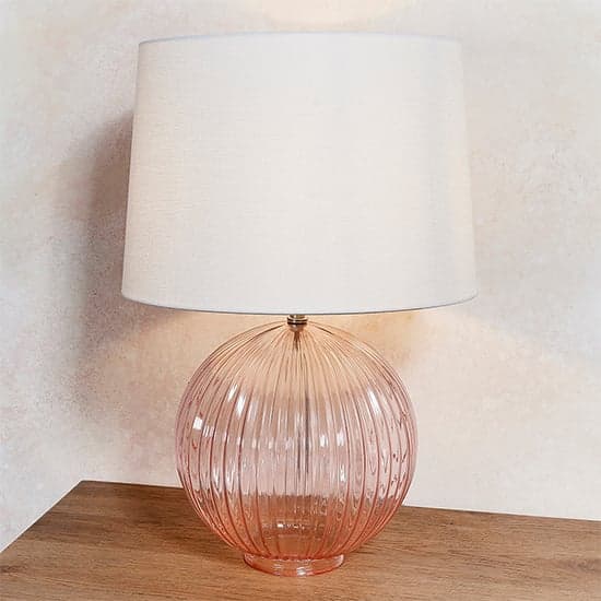 Jixi White Linen Shade Table Lamp With Dusky Pink Ribbed Base_1