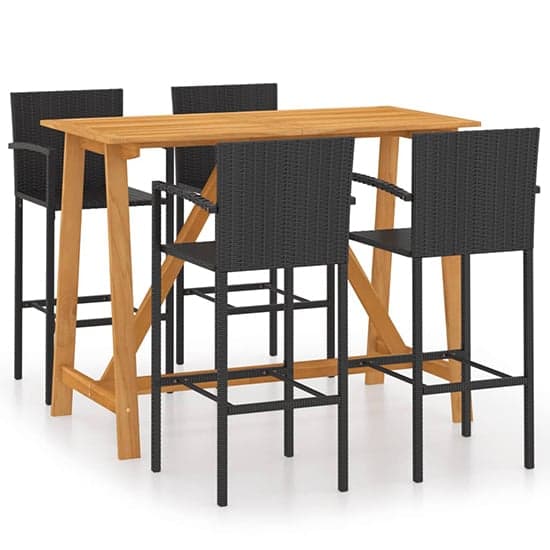 Kael Outdoor Wooden Bar Table With 4 Black Poly Rattan Stools_2
