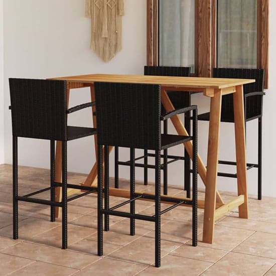 Kael Outdoor Wooden Bar Table With 4 Black Poly Rattan Stools