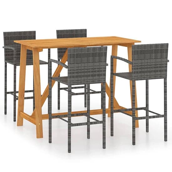 Kael Outdoor Wooden Bar Table With 4 Grey Poly Rattan Stools_2