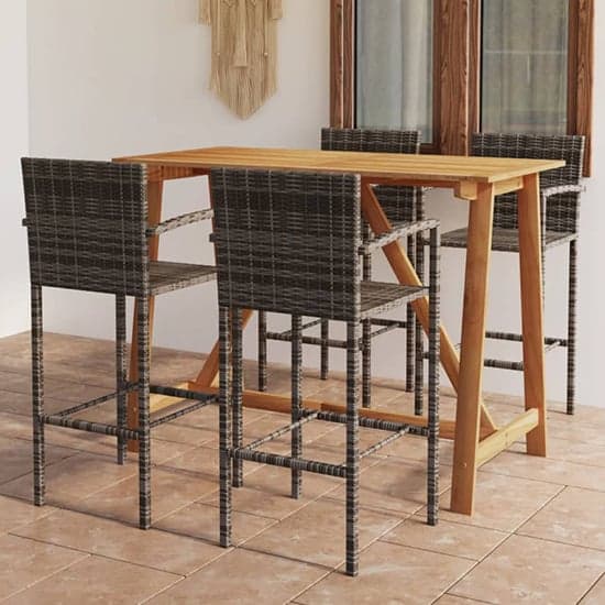 Kael Outdoor Wooden Bar Table With 4 Grey Poly Rattan Stools_1