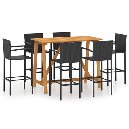 Kael Outdoor Wooden Bar Table With 6 Black Poly Rattan Stools_2