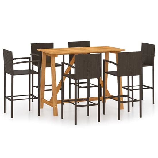 Kael Outdoor Wooden Bar Table With 6 Brown Poly Rattan Stools_2