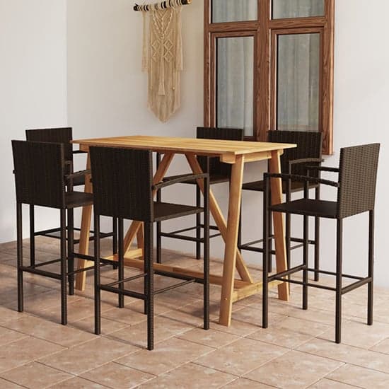 Kael Outdoor Wooden Bar Table With 6 Brown Poly Rattan Stools