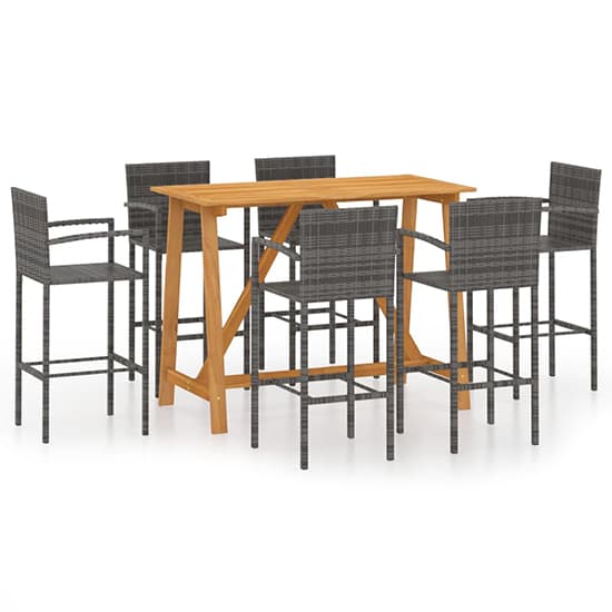 Kael Outdoor Wooden Bar Table With 6 Grey Poly Rattan Stools_2