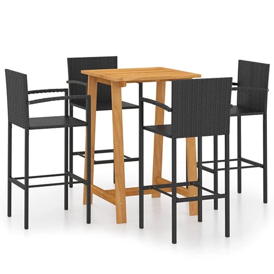 Kairi Outdoor Wooden Bar Table With 4 Black Poly Rattan Stools_2