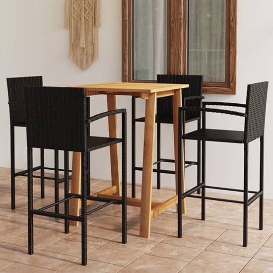 Kairi Outdoor Wooden Bar Table With 4 Black Poly Rattan Stools_1