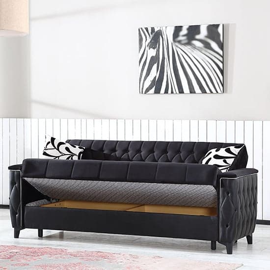 Kanata Plush Velvet Storage 3 Seater Sofa Bed In Black_2