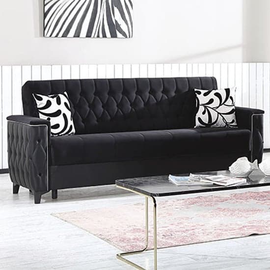 Kanata Plush Velvet Storage 3 Seater Sofa Bed In Black_1