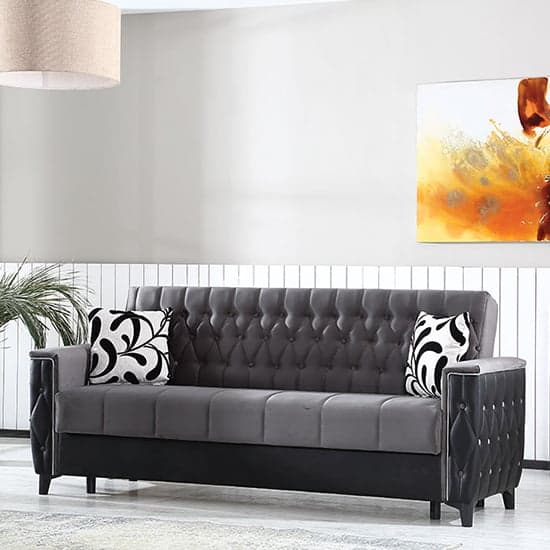 Kanata Plush Velvet Storage 3 Seater Sofa Bed In Grey And Black_2