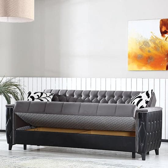 Kanata Plush Velvet Storage 3 Seater Sofa Bed In Grey And Black_3