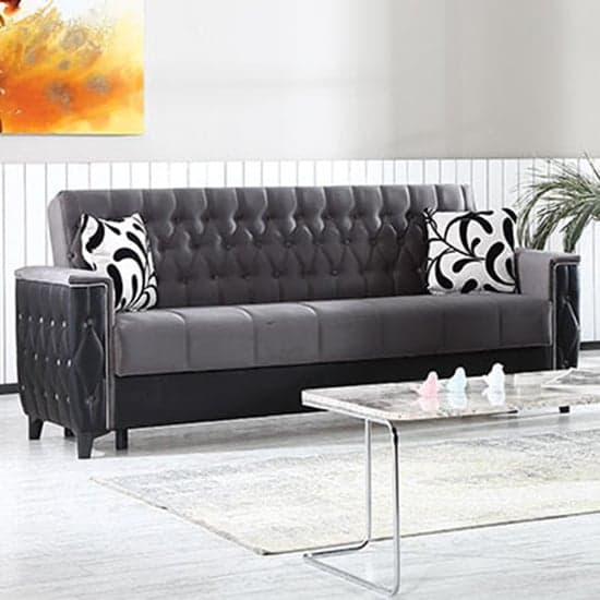 Kanata Plush Velvet Storage 3 Seater Sofa Bed In Grey And Black_1