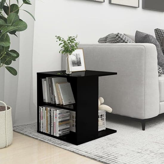 Kaori High Gloss Side Table With Shelves In Black_1