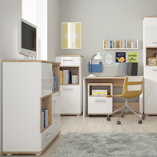 Kast Wooden Office Pedestal In White High Gloss And Oak