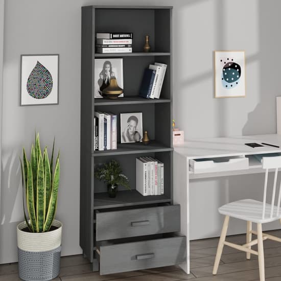 Kathy Solid Pinewood Bookcase With 2 Drawers In Dark Grey_2
