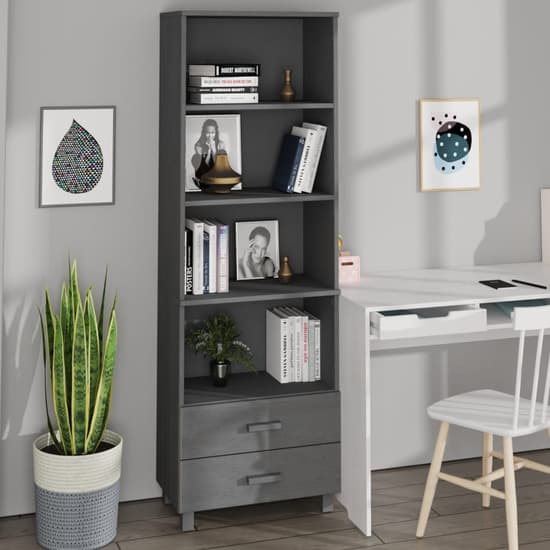 Kathy Solid Pinewood Bookcase With 2 Drawers In Dark Grey_1