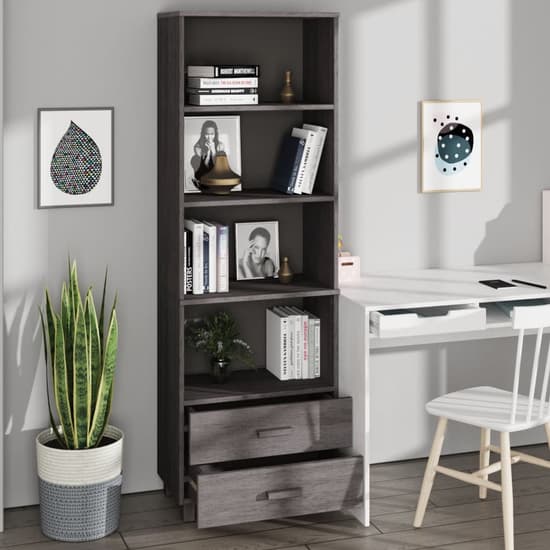 Kathy Solid Pinewood Bookcase With 2 Drawers In Light Grey_2