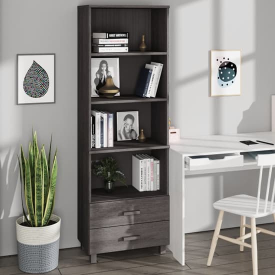 Kathy Solid Pinewood Bookcase With 2 Drawers In Light Grey_1