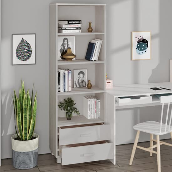 Kathy Solid Pinewood Bookcase With 2 Drawers In White_2