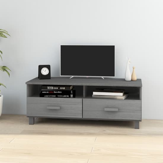 Kathy Solid Pinewood TV Stand With 2 Drawers In Dark Grey_2