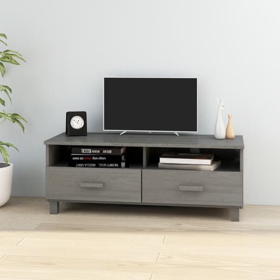 Kathy Solid Pinewood TV Stand With 2 Drawers In Light Grey_2