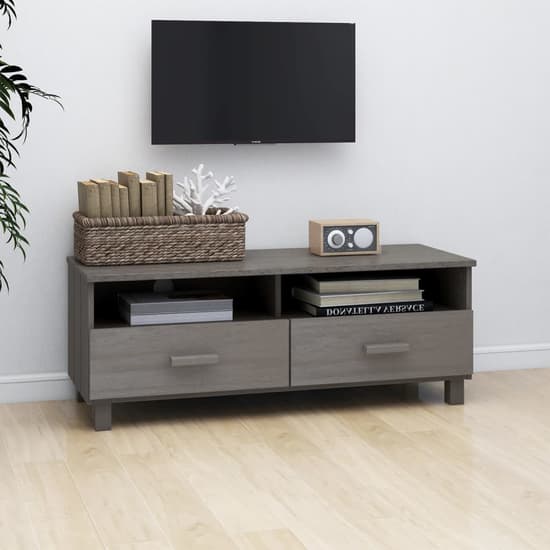 Kathy Solid Pinewood TV Stand With 2 Drawers In Light Grey_1