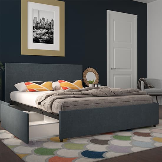 Keely Linen Fabric Double Bed With 4 Drawers In Navy_3