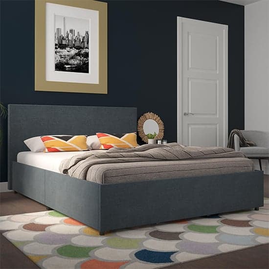 Keely Linen Fabric Double Bed With 4 Drawers In Navy_1